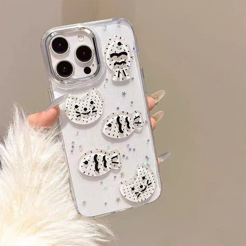 Leuke 3D Cartoon Kat En Vis Telefoonhoesje Transparant Fijne Glitter Ster Druppellijm Schokbestendig Zacht TPU Hoesje
