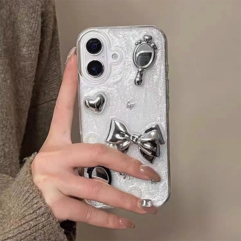 Shimmery Phone Case With 3D Silver Bow Heart Hand Mirror Artificial Pearl For iPhone Series TPU Soft Shell Trendy Fashion Luxury