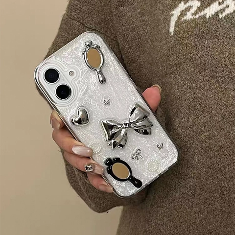 Shimmery Phone Case With 3D Silver Bow Heart Hand Mirror Artificial Pearl For iPhone Series TPU Soft Shell Trendy Fashion Luxury