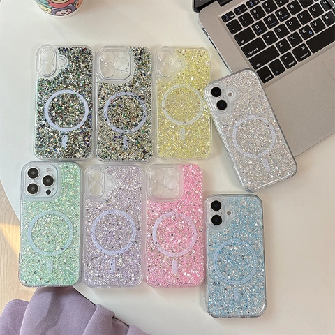 Funda Magnética Con Purpurina Brillante Compatible Con MagSafe TPU Antigolpes Carcasa Para iPhone 16 15 14 13 12