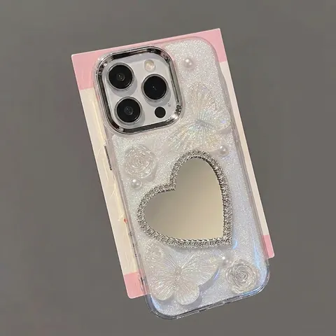 Phone Case Glitter TPU 3D Butterfly Relief Rose Heart Rhinestone Makeup Mirror Artificial Pearls Luxury Girlie Protective Cover