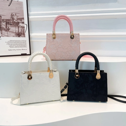 Women Small Square Shoulder Bag PU Leather Floral Embossed Woven Handle Adjustable Strap Elegant Handbag Crossbody