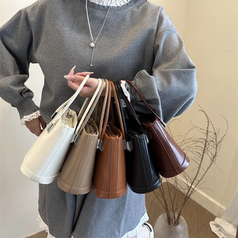 Women PU Leather Bucket Bag Vintage Minimalist Handbag Retro Solid Color Shoulder Crossbody Bag With Silver Hardware