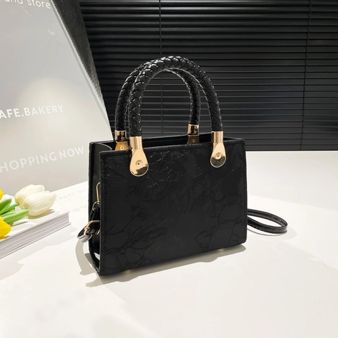 Women Small Square Shoulder Bag PU Leather Floral Embossed Woven Handle Adjustable Strap Elegant Handbag Crossbody