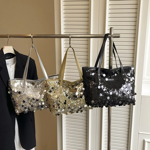 Sac Cabas À Paillettes Grande Capacité Sac À Main Bandoulière Scintillant Style De Rue Tendance Pour Femmes