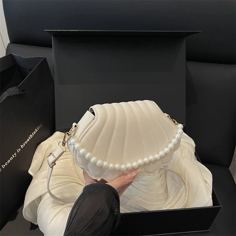 Borsa A Tracolla A Forma Di Conchiglia In Pelle PU Con Catena Di Künstliche Perle Elegante Borsa A Spalla Da Donna