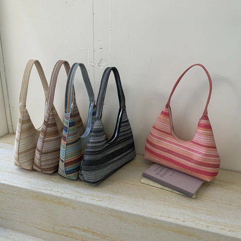 Sac À Épaule Tissé En Paille Rayé Pour Femmes Grande Capacité Sac Hobo Décontracté Vacances Plage Style Fermeture Éclair
