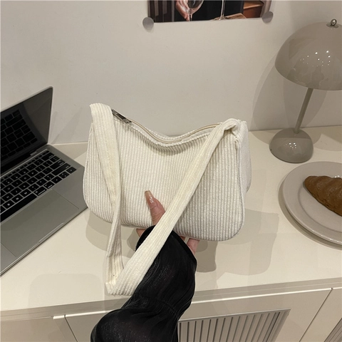 Retro Corduroy Shoulder Bag Solid Color Underarm Handbag Simple Casual Korean Style Small Purse For Women