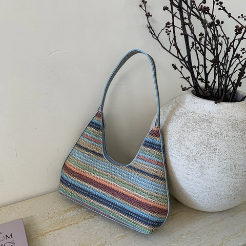 Sac À Épaule Tissé En Paille Rayé Pour Femmes Grande Capacité Sac Hobo Décontracté Vacances Plage Style Fermeture Éclair