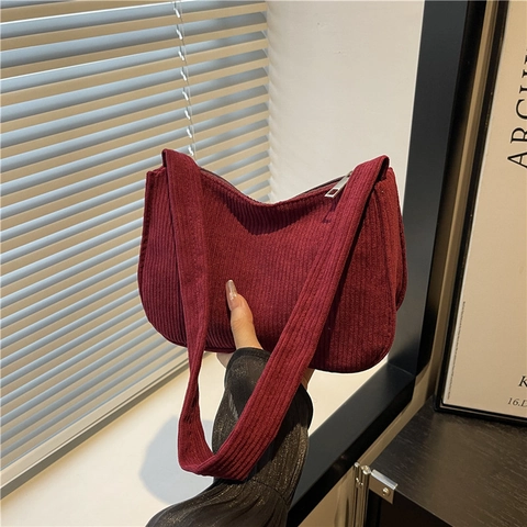 Bolso de Hombro de Pana Casual para Mujer Gran Capacidad Bolso Bandolera Hobo Color Sólido para Estudiantes Diario