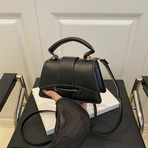 Women Mini PU Leather Crossbody Bag Solid Color Trapezoid Curved Bottom Handheld Handbag Trendy Casual Chic