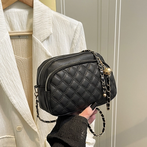 Women Quilted Rhombus Lattice Crossbody Bag PU Leather Chain Strap Small Square Shoulder Bag With Multiple Zipper Compartments Fashion Versatile Handbag