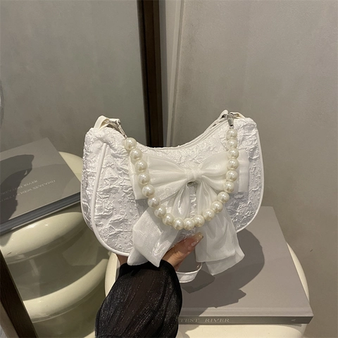 Borsa A Tracolla Da Donna Tessuto Jacquard Manico In Künstliche Perle Grande Fiocco Decorazione Forma Mezza Luna Elegante Borsa Estiva