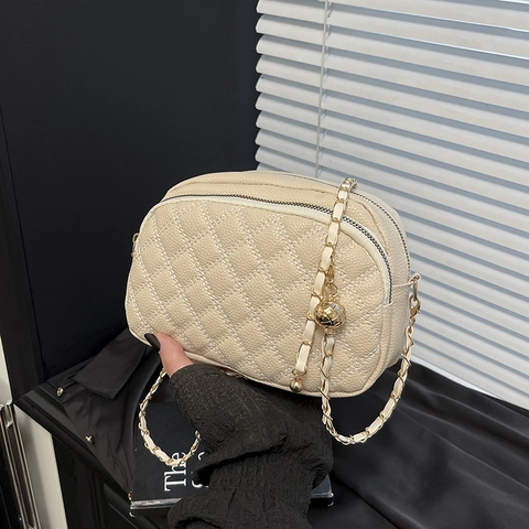 Vintage Ruit Gewatteerde Camera Tas PU Leer Crossbodytas Met Gouden Ketting Verstelbare Metalen Bal Voor Dames Mode