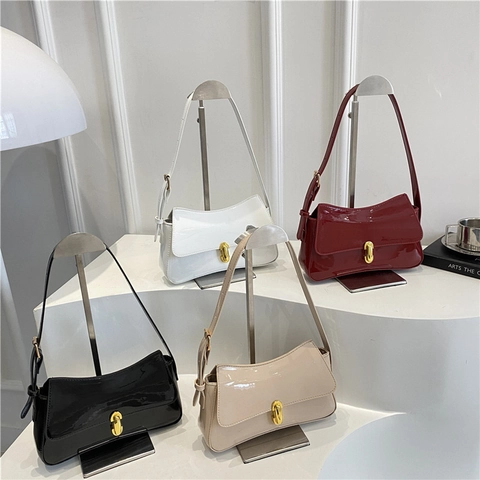 Borsa Sottobraccio in Pelle Verniciata in Stile Francese di Lusso per Donna Chiusura a Lucchetto alla Moda Borsa a Tracolla Pendolare Minimalista Piccola Quadrata