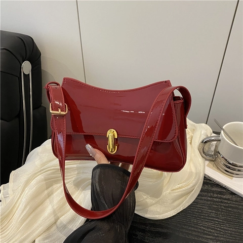Bolso de Axila de Charol Brillante para Mujer Moda Simple Bolso de Hombro Cuadrado de PU Con Cierre de Metal Dorado Bolso Casual de Color Sólido