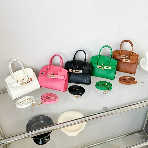 Mini Borsa A Mano Tracolla PU Trama Litchi Chiusura A Scatto Dorata Versatile Alla Moda Donna Abbinamento Quotidiano Semplice