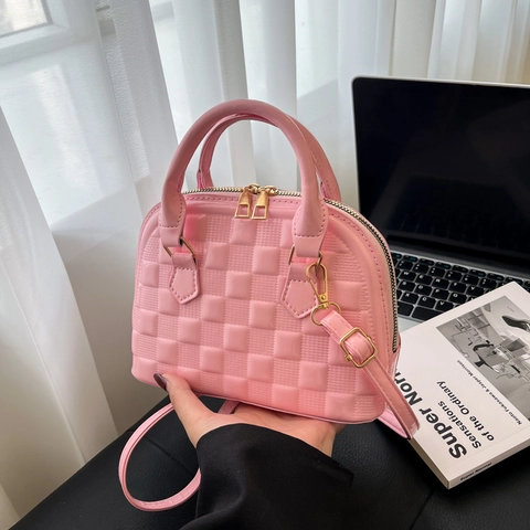 Women Shell Handbag Patent PU Leather Embossed Grid Pattern Crossbody Shoulder Bag Removable Strap Golden Hardware