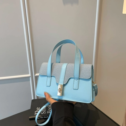 Women Fashion PU Leather Patchwork Shoulder Bag Retro Square Handbag With Metal Lock Contrast Color Crossbody Bag