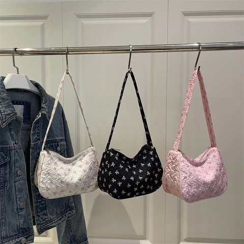 Women Shoulder Underarm Bag Quilted Fabric Pink Bowknot Print Zipper Trendy Sweet Casual Handbag