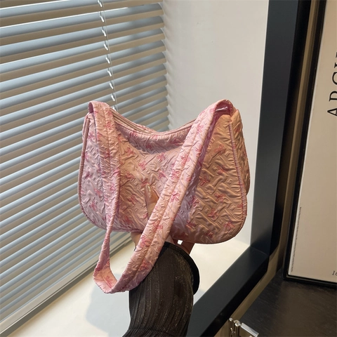 Women Shoulder Underarm Bag Quilted Fabric Pink Bowknot Print Zipper Trendy Sweet Casual Handbag