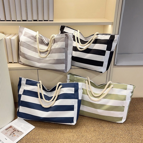 Borsa Tote A Righe Da Donna Nylon Grande Capacità Borsa A Tracolla Con Manico In Corda Spiaggia Casual Viaggio