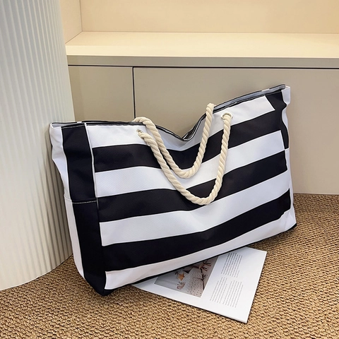 Borsa Tote A Righe Da Donna Nylon Grande Capacità Borsa A Tracolla Con Manico In Corda Spiaggia Casual Viaggio