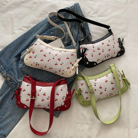 Cherry Print PU Leather Underarm Shoulder Bag For Women Sweet Korean Ins Style With Adjustable Strap And Bow Knot
