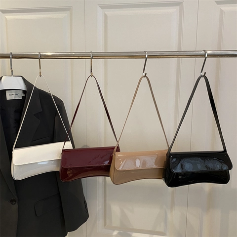 Baguette Bag Glossy Patent Leather PU Rectangle Flap Underarm Shoulder Handbag Vintage Solid Color For Women