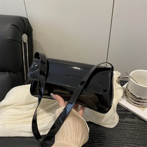 Baguette Bag Glossy Patent Leather PU Rectangle Flap Underarm Shoulder Handbag Vintage Solid Color For Women