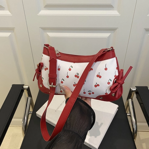 Cherry Print PU Leather Underarm Shoulder Bag For Women Sweet Korean Ins Style With Adjustable Strap And Bow Knot