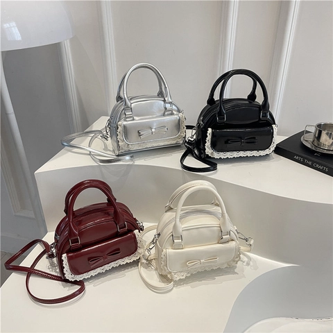 Bolso de Hombro Dulce de Cuero PU con Lazo para Mujer Encaje Bolso de Mano Retro Color Sólido