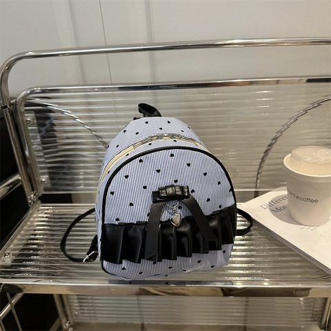 Mini Mochila Lona Rayas Estampado Corazón Lazo Decoración Volantes Colgante Corazón Dulce Kawaii Para Mujeres Niñas