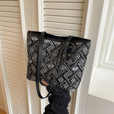 Retro Chinese Style Tote Bag Women Polyester Fabric Floral Geometric Embroidery Large Capacity Casual Shoulder Handbag