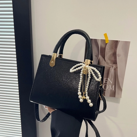 Women Metallic PU Leather Crossbody Bag Square Shoulder Handbag With Artificial Pearl Bow Pendant Elegant Commute Niche