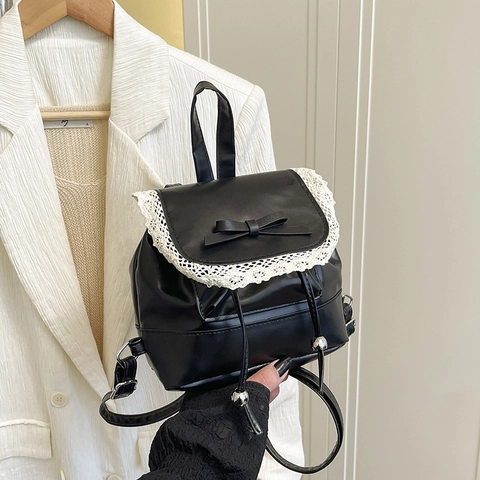 Mini Zaino Da Donna In Pelle PU Fiocco Dolce Finiture In Pizzo Coulisse Piccolo Zainetto Alla Moda Per Ragazze