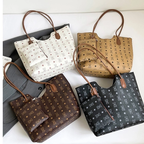 Dames Tote Tas Set Retro PU Leer Grote Capaciteit Beer Print Ruitpatroon Bijpassende Tas Casual Woon-Werk Handtas
