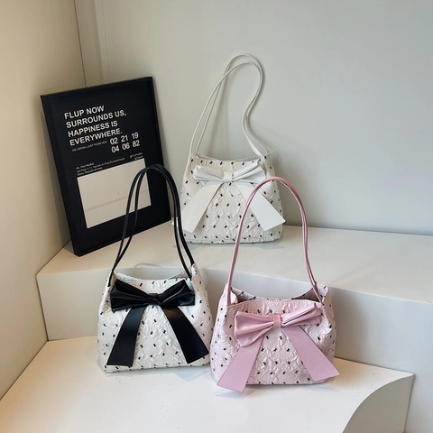Damen Schultertasche Große Schleife PU Leder Bedruckt Süß Trendy Achselhöhle Tote Handtasche