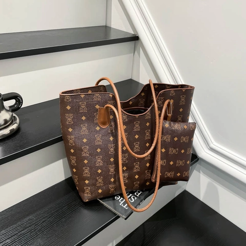 Juego de Bolsos Tote de Gran Capacidad de Cuero PU para Mujer con Estampado de Oso Bolso de Hombro Vintage para Uso Diario