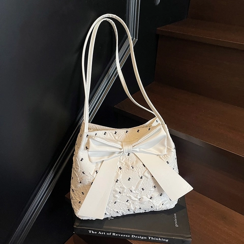 Damen Schultertasche Große Schleife PU Leder Bedruckt Süß Trendy Achselhöhle Tote Handtasche