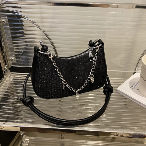 Women Sequin Underarm Bag Glitter Crescent Shoulder Bag Metal Chain Artificial Pearl Star Charms Knotted Strap Trendy Evening Bag