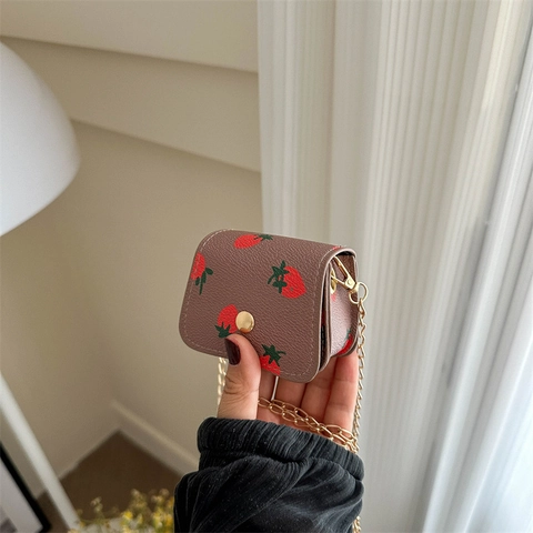 Mini Strawberry Print Crossbody Bag PU Leather Lychee Pattern Metal Chain Square Shoulder Bag Cute Korean Ins Style