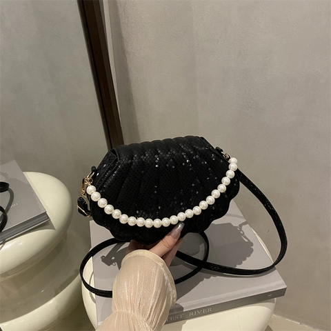 Bolso De Hombro Con Forma De Concha Cuero PU Patrón Serpiente Asa De Perlas Artificiales Sintéticas Bolso Bandolera Mujer Elegante