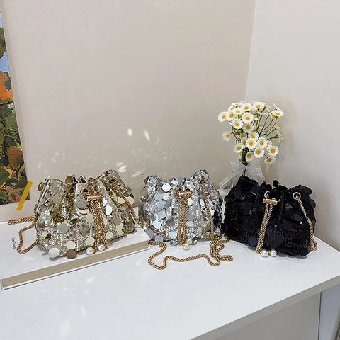 Women Shiny Sequin Bucket Bag Drawstring Shoulder Crossbody Purse Metal Chain Faux Artificial Pearl Decoration Party Fashion