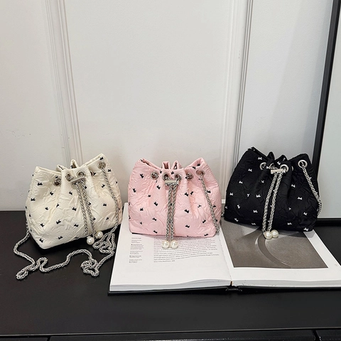 Pleated Nylon Bucket Bag For Women With Bowknot Embroidery Drawstring Closure Silver Chain Strap And Artificial Pearl Decor Elegant