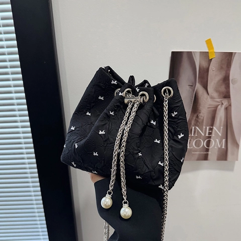 Pleated Nylon Bucket Bag For Women With Bowknot Embroidery Drawstring Closure Silver Chain Strap And Artificial Pearl Decor Elegant