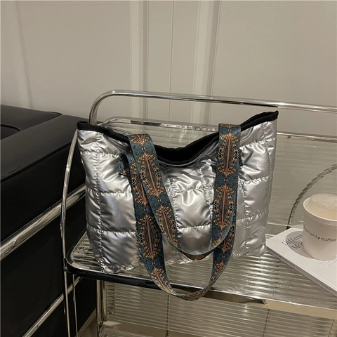 Women Fashion Quilted Padded Tote Bag Metallic Luster Large Capacity Shoulder Bag With Ethnic Print Wide Strap