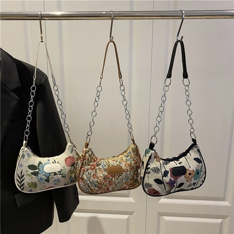 Damen Vintage Jacquard Stickerei Achseltasche Mode Halbmond Schultertasche Mit Silber Metallkette Blumenmuster Tasche