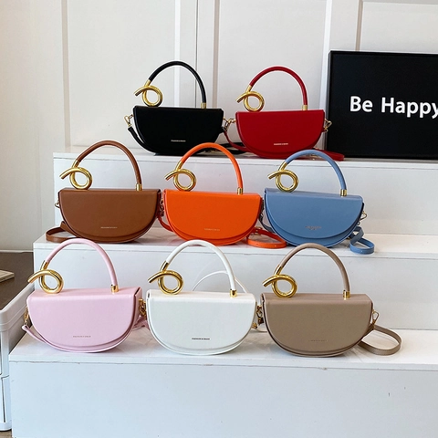 Semicircle Half Moon Handbag Women PU Leather Metal Ring Handle Shoulder Crossbody Bag Trendy Fashion Commuter