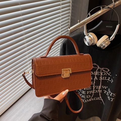 Vintage Schultertasche Damen PU Leder Krokodil Muster Retro Handtasche Mit Goldener Metallschließe Umhängetasche